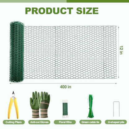 All-in-One 400 Inch Plant Protectors from Animals Kit - 0.85mm Heavy Duty Chicken Wire Cloche,Free-Cut Wire Mesh Roll Includes Pliers, Gloves, Ties, Stakes for Custom Outdoor Cages (12 * 400 Inch) - size: 12*400 Inch