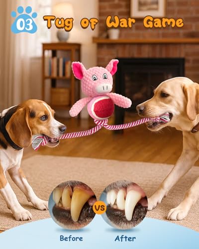 Swooflia Durable Squeaky Dog Toy - Interactive Plush Cute Pig with Rope Legs, Teeth Cleaning Tug Toy for Small Medium and Large Dogs, Puppy Chew Toy for Training and Play - color: Pink