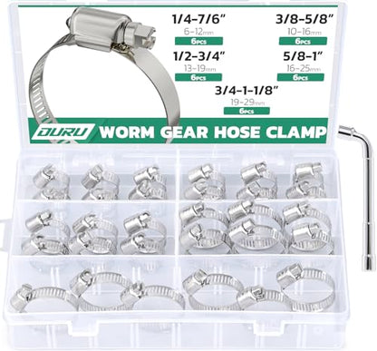 OURU 30PCS Hose Clamps Stainless Steel Assortment Adjustable 1/4"-1-1/8"(6-29mm) Worm Gear Hose Clamp, Heavy Duty Metal Small Hose Clamps for Automotive, Pipe, Radiator Plumbing, Fuel Line - size: 30PCS KIT-HOSE CLAMP(1/4"-1-1/8")