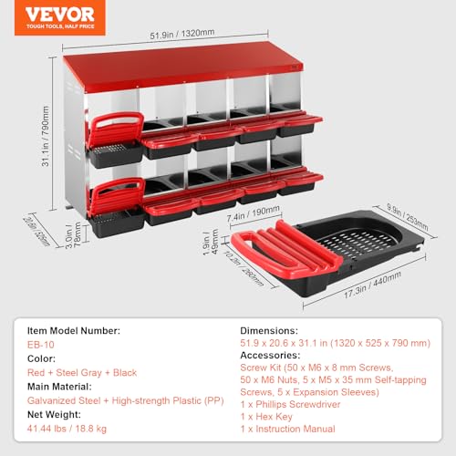 VEVOR Chicken Nest Box, 10-Compartment, 30 to 45 in Stable & Corrosion-Resistant Mental Nesting Boxes with Inclined Nesting Boxes, Bottom Holes & Resting Platform, Fit for Different Chicken Breeds - size: 51.9"L x 20.6"W x 31.1"H