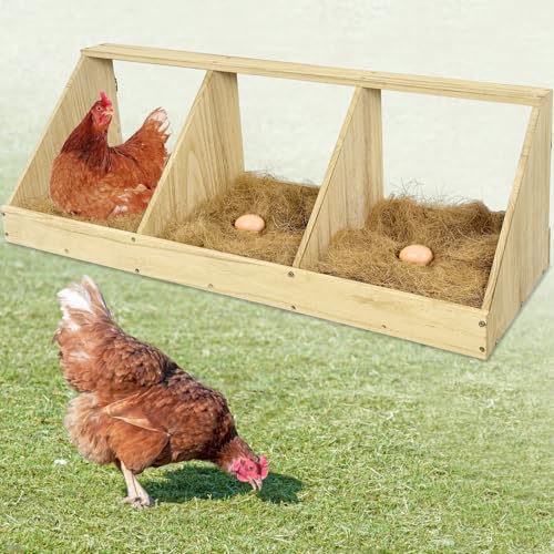 Chicken Nesting Boxes, 3 Compartment Wooden Chicken Laying Boxes, Nesting Boxes for Chickens, Hens, Ducks, Poultry Nest Box for Laying Eggs, Includes 3 Fake Eggs - size: 37.8"L x 12.6"W x 11.0"H