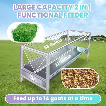 Pasture Feeder, Heavy Duty 77 Gallon Goat Hay Feeders, Stainless Steel Hay Feeder for Horses 59”, Easy Assembly for Goats, Sheep, and Horses, Ideal for Farm Use (Silver Stainless Steel)
