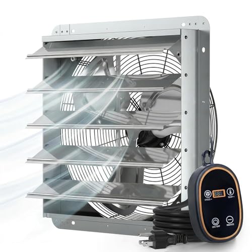 Amico 20" Smart Shutter Exhaust Fan with Thermostat & 8 Speed, 3800 CFM (Up To 5500 Sq.Ft), 70W Commercial EC Motor, Wall Mount Warehouse/Barn/Greenhouse/Workshop Vent Fan, Plug & Play, FCC - size: 20 inch