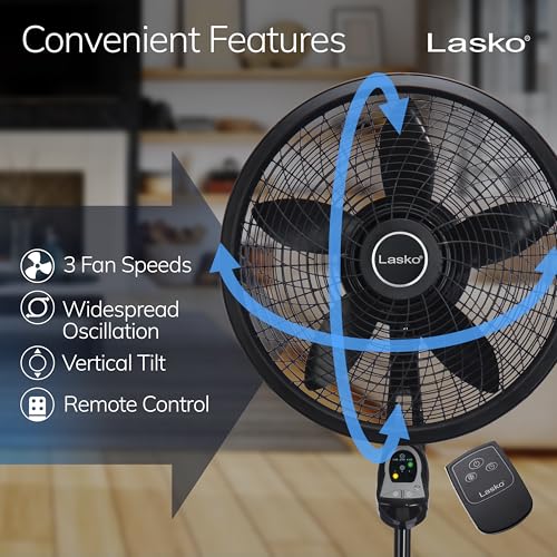Lasko Oscillating Cyclone Pedestal Fan with Remote Control - Cooling Standing Fan for Bedroom, Living Room, and Home Office - Adjustable Height - 3 Quiet Speeds - 1843 - 18" Blade Diameter - Black