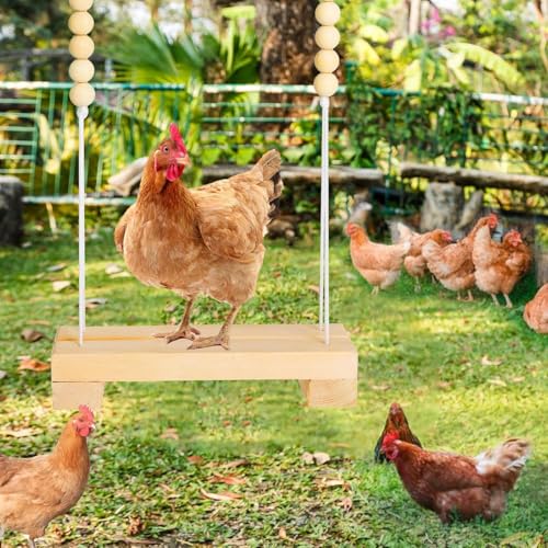 WDEFUN Pet Toy Wooden Chicken Swing Perch with Iron Monkey Decoration and Rope, for Hens and Birds