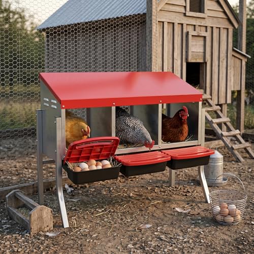Metal Chicken Nesting Box - Heavy Duty Roll Away Nesting Boxes for Chickens Coop with Easy-Collect Tray & Lid, 3 Hole Galvanized Steel Egg Laying Boxes for Hens Ducks, Wall Mount or Freestanding - color: Red, size: 3 Holes with legs