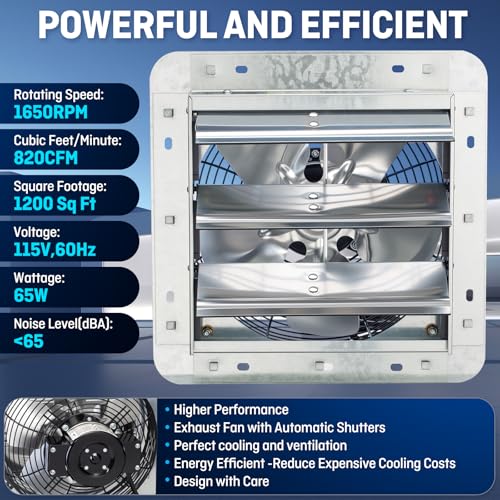 iLiving 10" Wall Mounted Shutter Exhaust Fan, Automatic Shutter, with Thermostat and Variable Speed controller, 65W, 820 CFM, 1200 SQF Coverage Area Silver (ILG8SF10V-ST) - style: Plugin Thermostat & Speed Controller