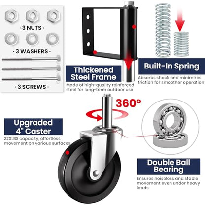 Ronlap Gate Caster Wheels Spring Loaded for Wooden Metal Tube Swing Fence Gates Heavy Duty Outdoor Farm Vinyl Gate Rollers, 220 Lbs, 4 Inches, 2 Pack - style: 4 Inches Without Brake