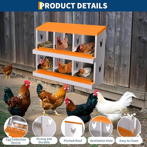6 Compartment Chicken Nesting Box, Galvanized Steel Metal Laying Box with Removable Tray Roll-Out Egg Collection, Wall Mount Hen Roosting Box, Easy Egg Collection - color: Orange, size: 6 holes