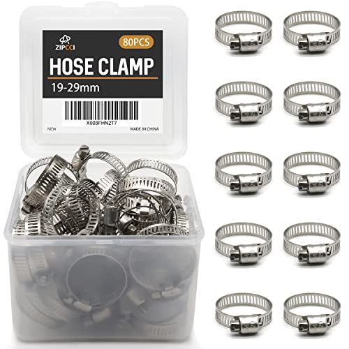 ZIPCCI Hose Clamp 1 Inch, 80 Pack Stainless Steel Hose Clamps Worm Gear fuel line pipe clamps, 19-29mm (1 Inch) - size: 19-29mm (1inch)