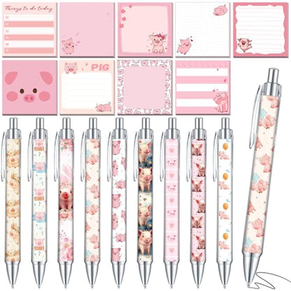 18 Pcs Pig Desk Accessories, 9 Pads Cute Sticky Notes, 9 Kawaii Pens, 3 x 3 Inches Notepads Memo Pad for Office Supplies Meeting Students School Decor Teacher Gifts - style: Piggy