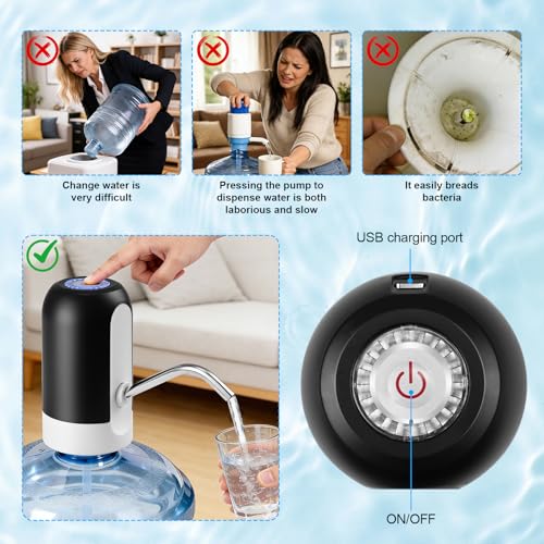 CHIVENIDO 5 Gallon Water Dispenser - Water Bottle Pump with Reusable Cap for Screw Top or Crown Tops, USB Charging Water Jug Dispenser for Universal 2-5 Gallon Bottle - color: Black