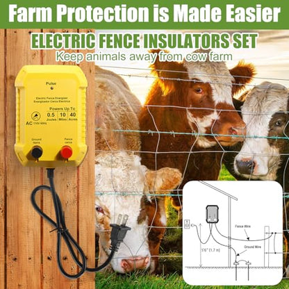 MorningRo Electric Wire Fence Kit, 10 Mile 110vac 0.5 J Plug in Fence Charger with 3366 ft Polywire, 40 T Post Insulators, 20 Screw in Insulators for Pasture Farm Horse Cattle Poultry Fencing - size: 3366FT, style: 0.5J