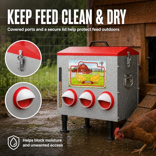 50LBS Metal Chicken Feeder Dispenser with Lid, Adjustable Legs, 8 Feeding Ports, No-Waste & Rodent-Proof Design, Visual Feed Level Indicator, Durable Outdoor Poultry Feeder for Chickens, and Geese