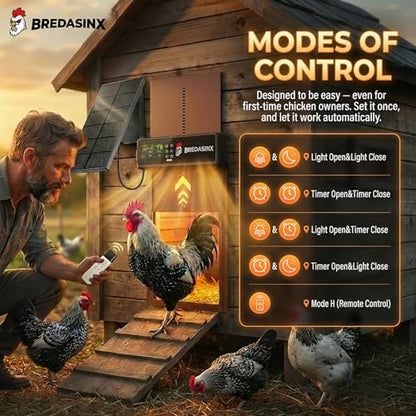 Automatic Chicken Coop Door Solar Powered with HD Screen, Timer & Light Sensor, 5 Modes, Aluminum Alloy, Remote Control Up to 70M - color: Brown