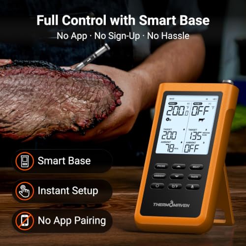 ThermoMaven Sub-1G Wireless Meat Thermometer, No App, 2 Ultra-Thin Probes | 3000FT Open Range, Standalone Base, 6 Sensor NIST Accuracy, IPX8 Waterproof, BBQ Smoker Grill Oven Brisket Steak Turkey Pork - color: Orange