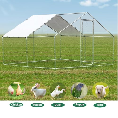 Large Metal Chicken Coop with Walk in Poultry Run and Spire Roof, Waterproof Livestock Shelter Outdoor Enclosure, Sturdy Galvanized Steel Frame for Hen Duck Rabbit, Backyard Farm House