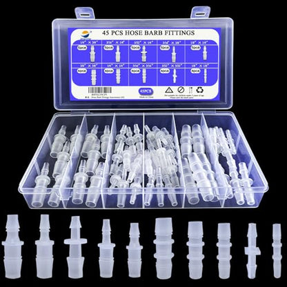 45PCS Plastic Hose Barb Fittings, Equal Diameter Two-Way Adapter Connectors, Aquarium Airline Tubing Connectors, Plastic Barb Joint Splicer Mender Adapter Union for Fuel, Gas, Liquid & Air Tubing.