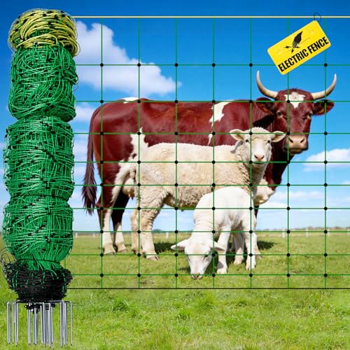 Electric Fence Netting, 164'L x 49.6" H, Portable Electric Fence for Livestock, Goat, Cattle, Sheep, PE Net Fencing Kit for Backyards, Ranches, Farms, Patio, Goat Fencing with 14 Posts Double Spiked