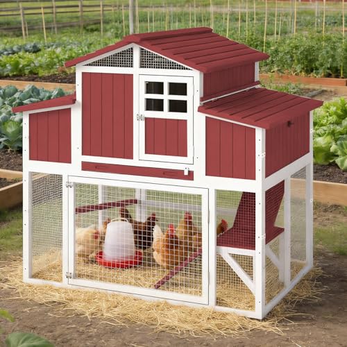 Large Chicken Coop Outdoor with Run, Hen House with Nesting Boxes, Rabbit Hutch Poultry Bunny Cage for 2-4 Chickens with Perches, Removable Tray (Red Chicken Coop 56.3" L x 35.24" W x 52.8" H)