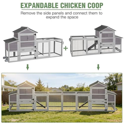 Mobile Chicken Coop with Wheels for 4-6 Chickens, Large Outdoor Hen House with Run, Weatherproof Asphalt Roof, Sectionable Nesting Box & Pull-Out Tray, 82.4" L x 25.8" W x 44.1" H - Grey - size: 82.4"L x 25.8"W x 44.1"H