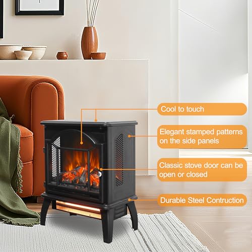 18" Electric Fireplace Stove, Freestanding Fireplaces Heater with Realistic Flame, Remote, Timer, Adjustable Brightness, Thermostat, 1500W, Black - size: 18" (Dynamic Flames)
