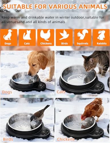 Heated Water Bowl for Dogs & Cats, 100W Heated Pet Bowl Outdoor with 3 Temperature Settings, 12H Timer, BPA-Free&50OZ Removable Stainless Steel Bowl, Anti-Chew Cord for Chickens, Ducks, Birds, Animal