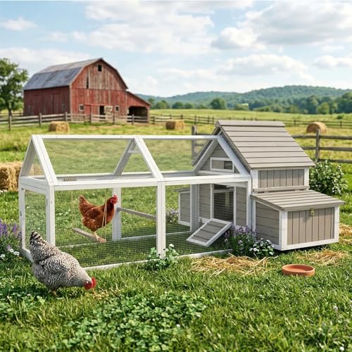 Large Outdoor Chicken Coop with Run, 83" Wooden Spacious Coops for 2-4 Chickens with 2 Nesting Boxes, 4 Perches, 2 Ramps, Backyard Poultry Cage for Ducks, Rabbits, Hens, Grey - size: 83.0"L x 58.0"W x 39.0"H