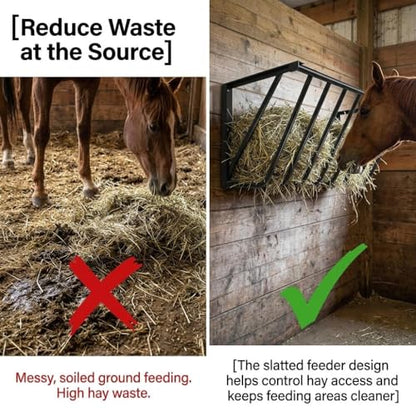 Wall Mounted Hay Rack, 33'' Metal Corner Hay Feeder with 25 Gallon Large Capacity, Heavy Duty Steel Livestock Feeder, Easy Install No Waste Design for Horse Goat Sheep Farm Stable