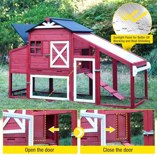 Aivituvin Chicken Coop Mobile Chicken House on Wheels Expandable Wooden Poultry Cage with Large Nesting Box Leakproof Pull-Out Tray Rabbit Hutch Bunny Cage,UV-Resistant Roof - size: Red 73.38"L x 27.9"W x 43.2"H
