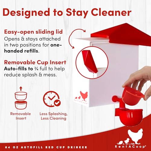 RentACoop 64oz (2 Liter) Automatic Drinker - BPA-Free Poultry Waterer with Auto-Fill Cup and Horizontal Nipple- Suitable for Chicks, Quail, Pigeons, Doves, and Other Smaller Birds