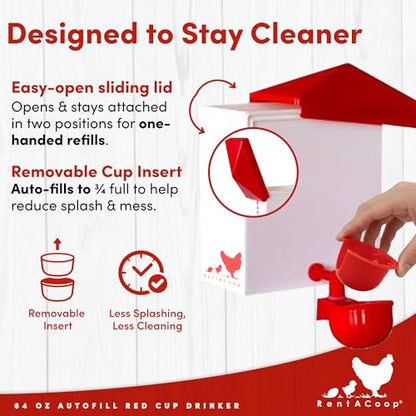 RentACoop 64oz (2 Liter) Automatic Drinker - BPA-Free Poultry Waterer with Auto-Fill Cup and Horizontal Nipple- Suitable for Chicks, Quail, Pigeons, Doves, and Other Smaller Birds