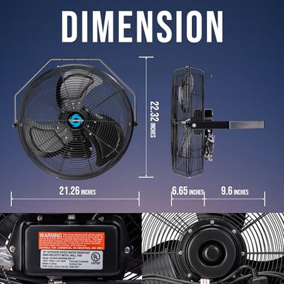 Tornado 18" Outdoor IPX4 Rated Water-Resistant Metal Industrial Wall Mount Fan, 3 Speed High Velocity Wall Fan For Commercial, Industrial, Residential Use, 4150 CFM 6.6 FT Cord 180°Tilting, Black - size: 18 Inch
