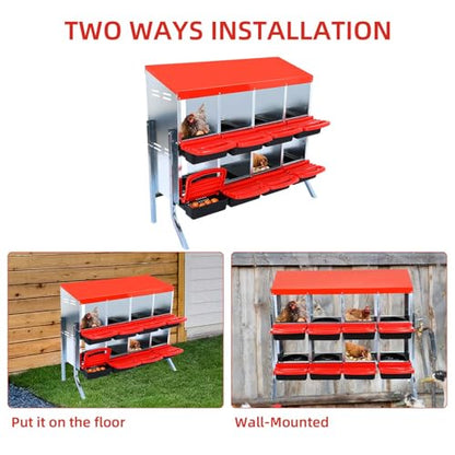 Chicken Nesting Box, 8-Hole Wall Mount Metal Chicken Nesting Box with Rollout Egg Collection & Easy-Clean Pull Out Tray, Roll Away Hen Roosting Boxes