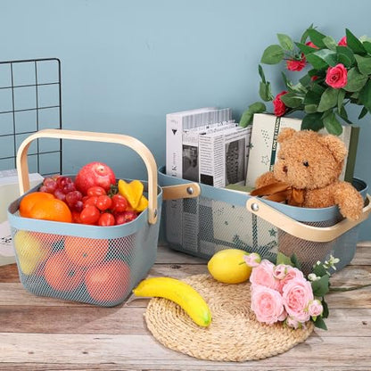 2 Pack Garden Harvest Basket, Metal Mesh Wire Picnic Basket with Handle, Rectangle Garden Baskets for Gathering Vegetables, Fruits, Kitchen, Home Cabinet Closet and Office(Blue) - color: Blue