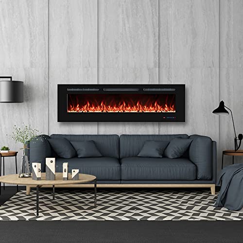 65 Inch Electric Fireplaces Inserts, Recessed & Wall-Mounted Fireplace Heater with Thermostat, Multicolor Flames,Timer, Log & Crystal, 750/1500W Black - size: 65 inch