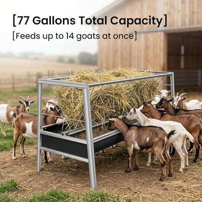 77 Gallon Hay Feeder, Stainless Steel Goat Feeder for Goats Sheep Calves and Horses, Anti-Waste Goat Feeder with Rubber Trough Livestock Feeder