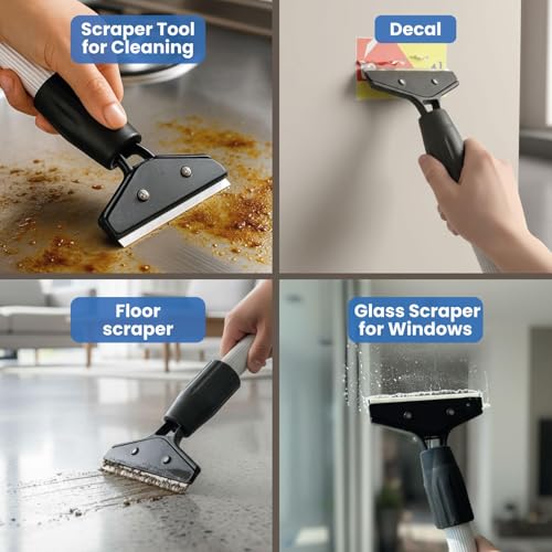 KATARY Razor Blade Floor Scraper, Wall Tile Scraper Tool with Razor Blade with Tool Bag and 3-Piece Cleaning Brush Set - Grout, Concrete and Glue Remover Kit