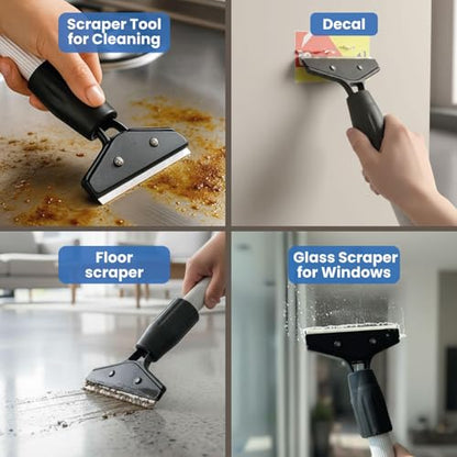 KATARY Razor Blade Floor Scraper, Wall Tile Scraper Tool with Razor Blade with Tool Bag and 3-Piece Cleaning Brush Set - Grout, Concrete and Glue Remover Kit