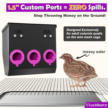 CluckRoots No Waste Quail Feeder, 1.5’’ Port for Adult Japanese Coturnix Quail Jumbo Pharaoh, Outside-Hanging 3-Port Feeder - No Mess No Spill, Space-Saving Metal Feeder for Wire Mesh Cage Hutch Pen - size: 8 Inch