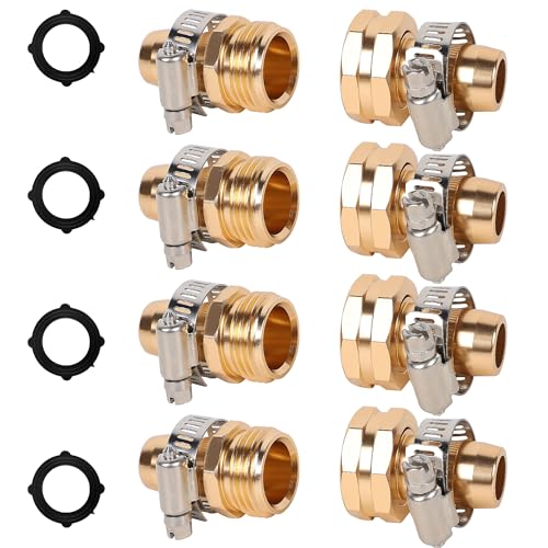 Triumpeek 4 Sets Garden Hose Repair Connector with Clamps, Aluminum Water Hose End Replacement Fit for 3/4" and 5/8" Garden Hose Fittings - color: 4 Sets - Brass