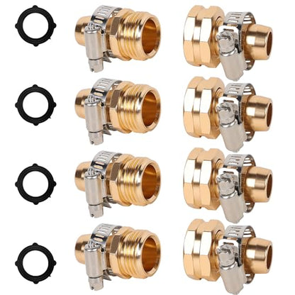 Triumpeek 4 Sets Garden Hose Repair Connector with Clamps, Aluminum Water Hose End Replacement Fit for 3/4" and 5/8" Garden Hose Fittings - color: 4 Sets - Brass