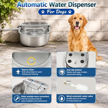 BWOGUE Automatic Water Dispenser for Dogs, 1 Gallon Outdoor Automatic Dog Water Bowl with Float Valve Stainless Steel Dispenser Fit 1/2'' and 3/4'' GHT Faucet for Dog Horse Chicken