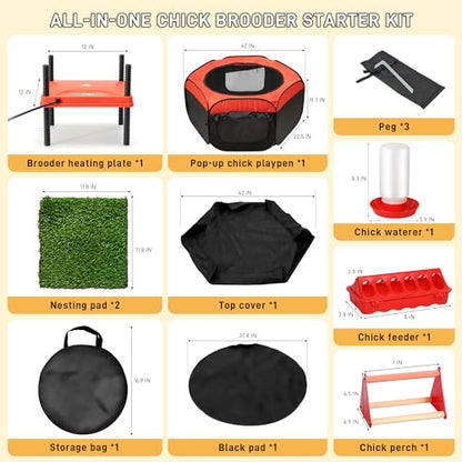 Upgrade Chick Starter Kit, 6-in-1 Chicken Brooder Box for Chicks Includes Pop-Up Chicken Playpen Tent,12 * 12" Heat Brooder Plate, Chicks Feeder, Waterer, Perch & Nesting Pad for Poultry Ducks Quail