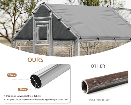 26×10 FT Extra Large Walk-in Chicken Coop, Spire Roof Chicken Run with Cover, Front & Rear Doors, Feeding Door, Roosting Ladder, Galvanized Steel Frame - size: 298.4"L x 118.1"W x 77.6"H