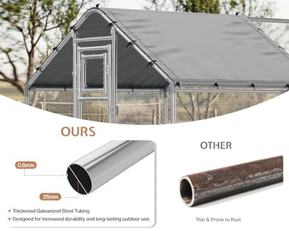 26×10 FT Extra Large Walk-in Chicken Coop, Spire Roof Chicken Run with Cover, Front & Rear Doors, Feeding Door, Roosting Ladder, Galvanized Steel Frame - size: 298.4"L x 118.1"W x 77.6"H