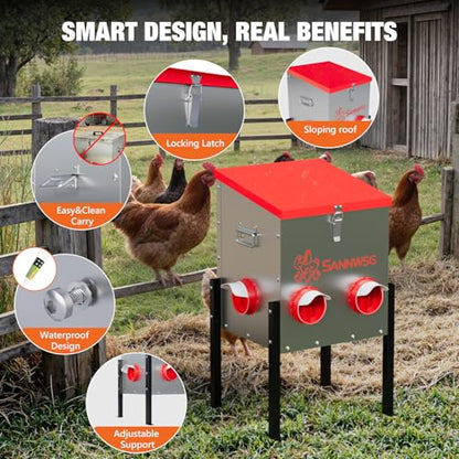 Sannwsg Chicken Feeders,30 lb Capacity 6 Port Automatic Chicken Feeder, Metal Chick Feeder with Locking Lid and Legs, Chicken Feeder for Chickens, Ducks, Geese - size: 6 Ports (2+2+2)