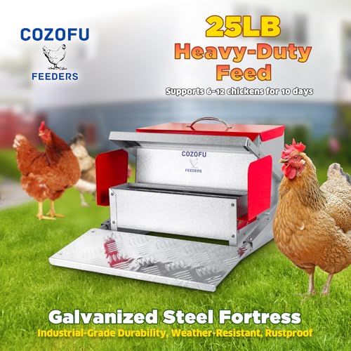 Feeders Automatic Chicken Feeder - Large Capacity for 6-12 Chickens, Lasts 10 Days (25lb Feed), Durable Galvanized Steel, Rat-Proof, No-Spill, Weatherproof Lid - color: Red, size: 25LB