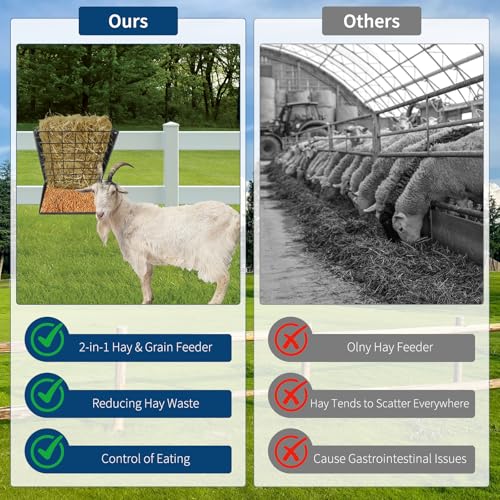 Garvee Wall Mount Hay Feeder, 2 in 1 Hay and Grain Livestock Feeder, Heavy Duty Galvanized Steel Hay Rack with Adjustable Distance for Goats, Sheep, Horse, Indoor Outdoor Uses