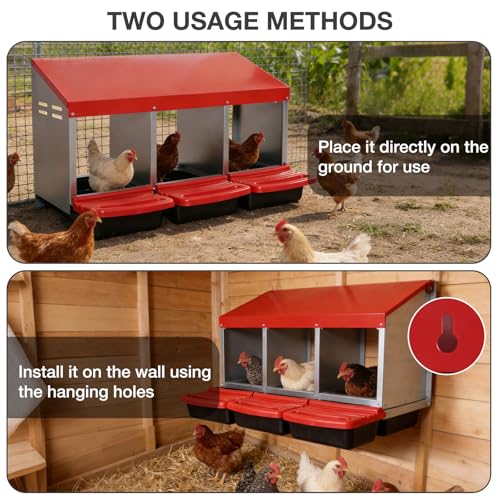 Chicken Nesting Boxes, 3 Compartments Egg Collection with Removable Drawer, Chicken Metal Laying Nest Box for Hens, Easy to Assemble, for Chicken Coop, Red - color: Red